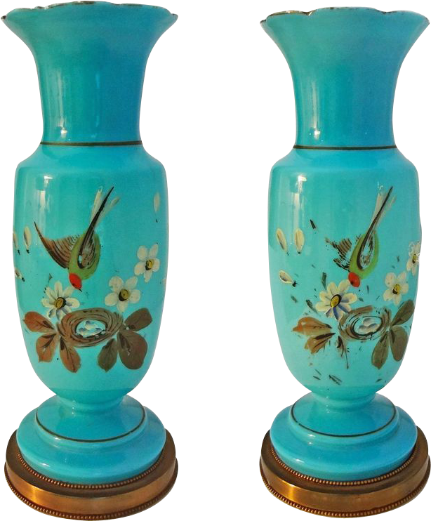 Pair Turquoise Color Opaline Table Lamps Bases Painted - Vase (741x741)