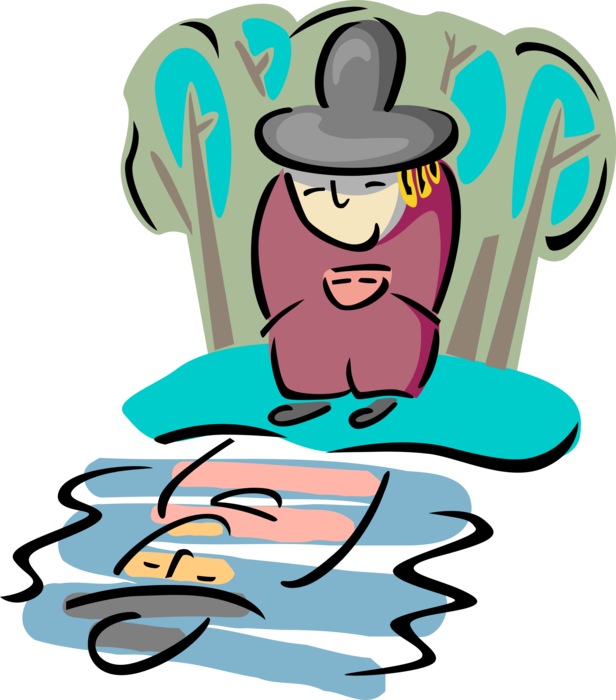 Vector Illustration Of Man Sees Reflection In Water - Cartoon (616x700)