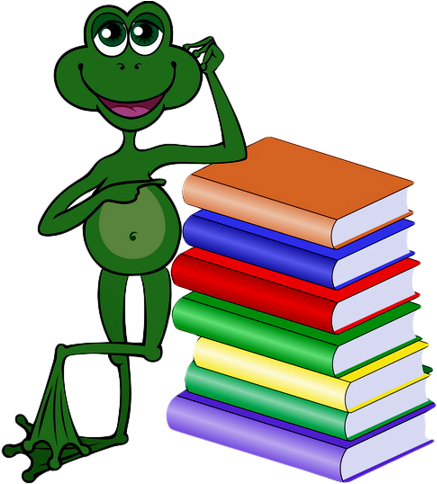 Funny Frog Leaning On A High Stack Of Colored Books - Rana De Salamanca Dibujos (450x500)