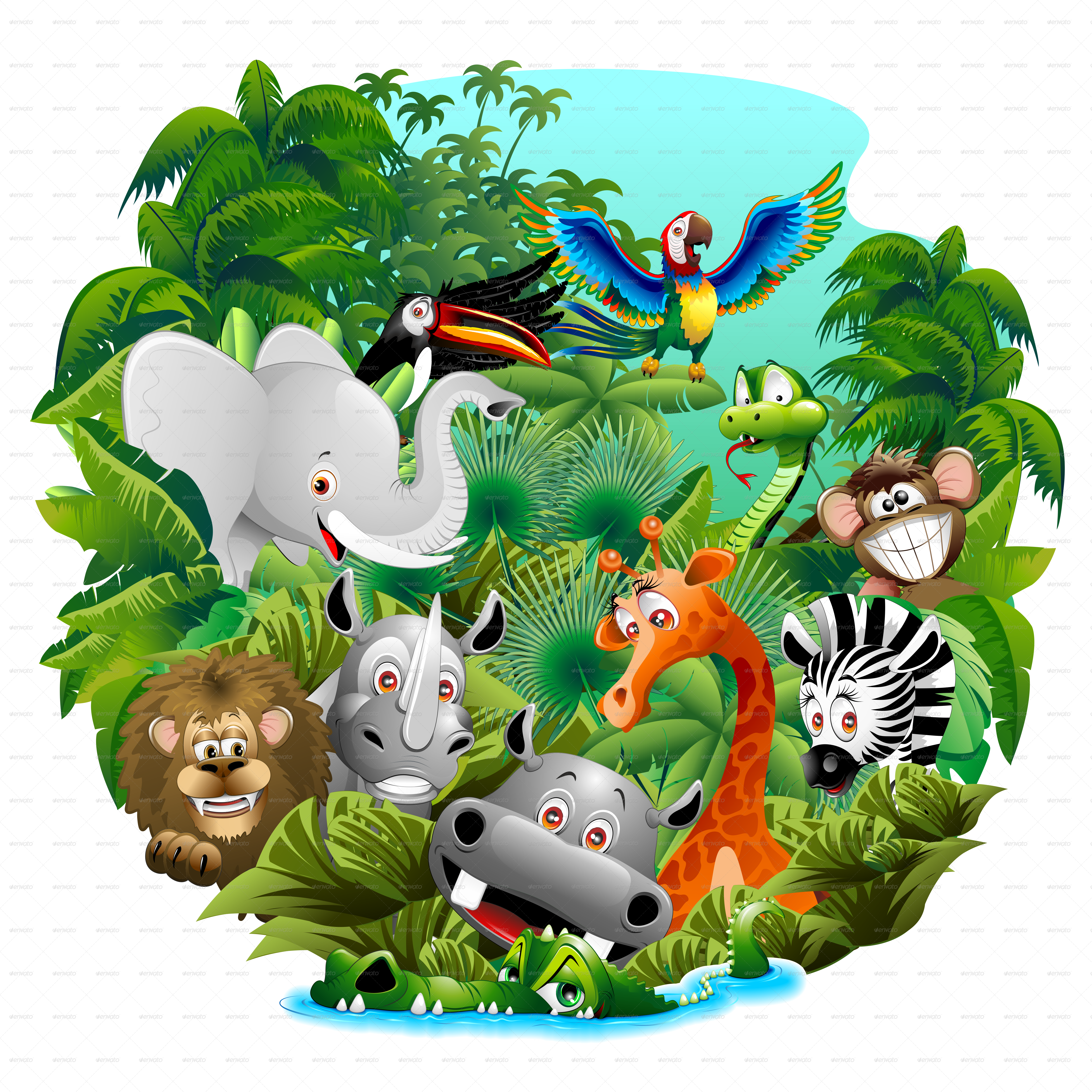 Competitive Wild Animals Cartoon Pictures On The Jungle - Animals Cartoon Free Download (5000x5000)