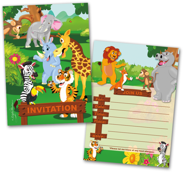 20 Kids Party Invitation Cards Jungle Animals Themed - Children's Party (600x600)
