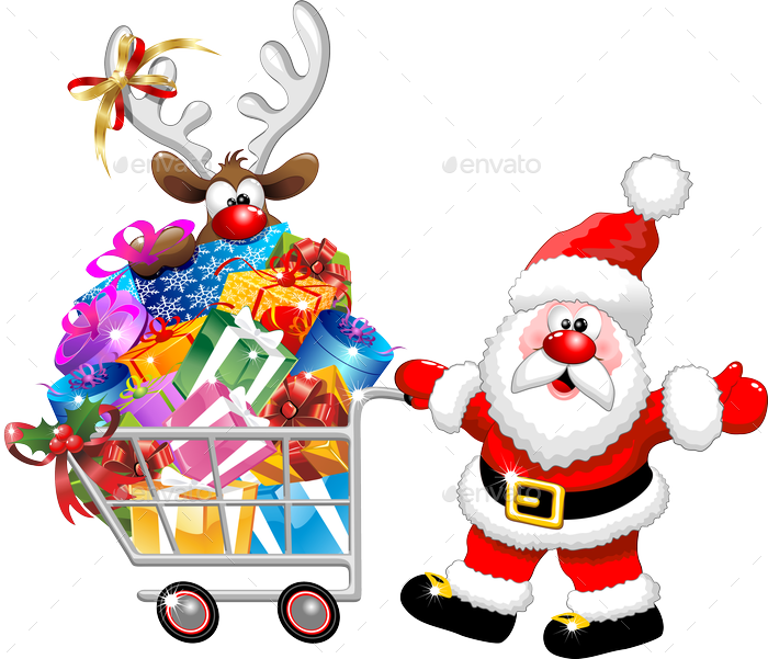 Santa And Reindeer Cartoon With Christmas Shopping - Santa And Reindeer Cartoon (700x601)