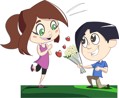 Boy Cartoon Comic Comic Characters Couple - Boy Giving Flowers To Girl (414x340)