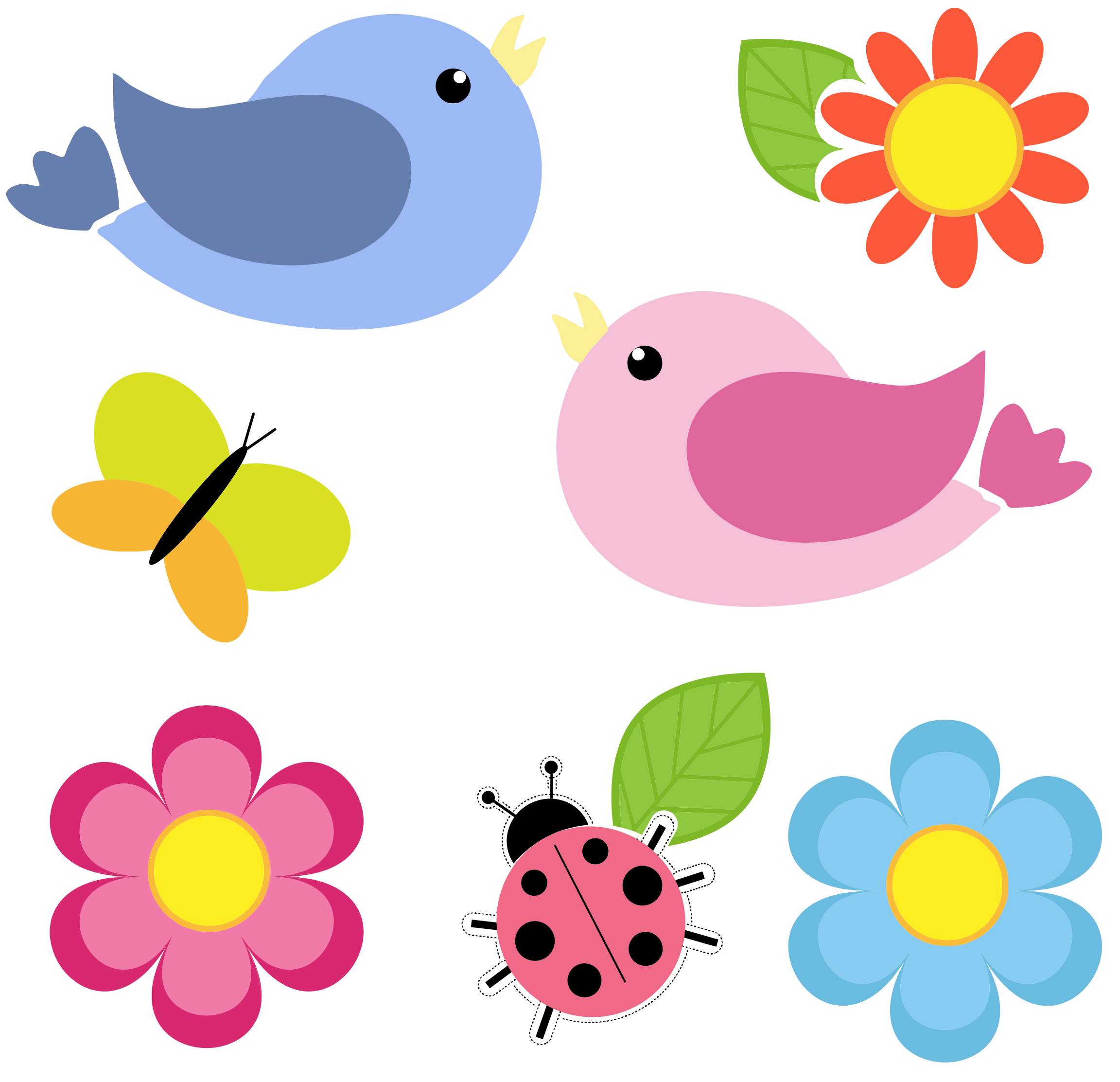 Clipart Birds Butterfly Ladybug And Flowers No Background - Flowers And Birds Clip Art (2304x2225)