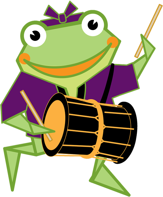 Janm Courtyard Kaeru Playing Okedo Taiko - Cartoon (600x703)