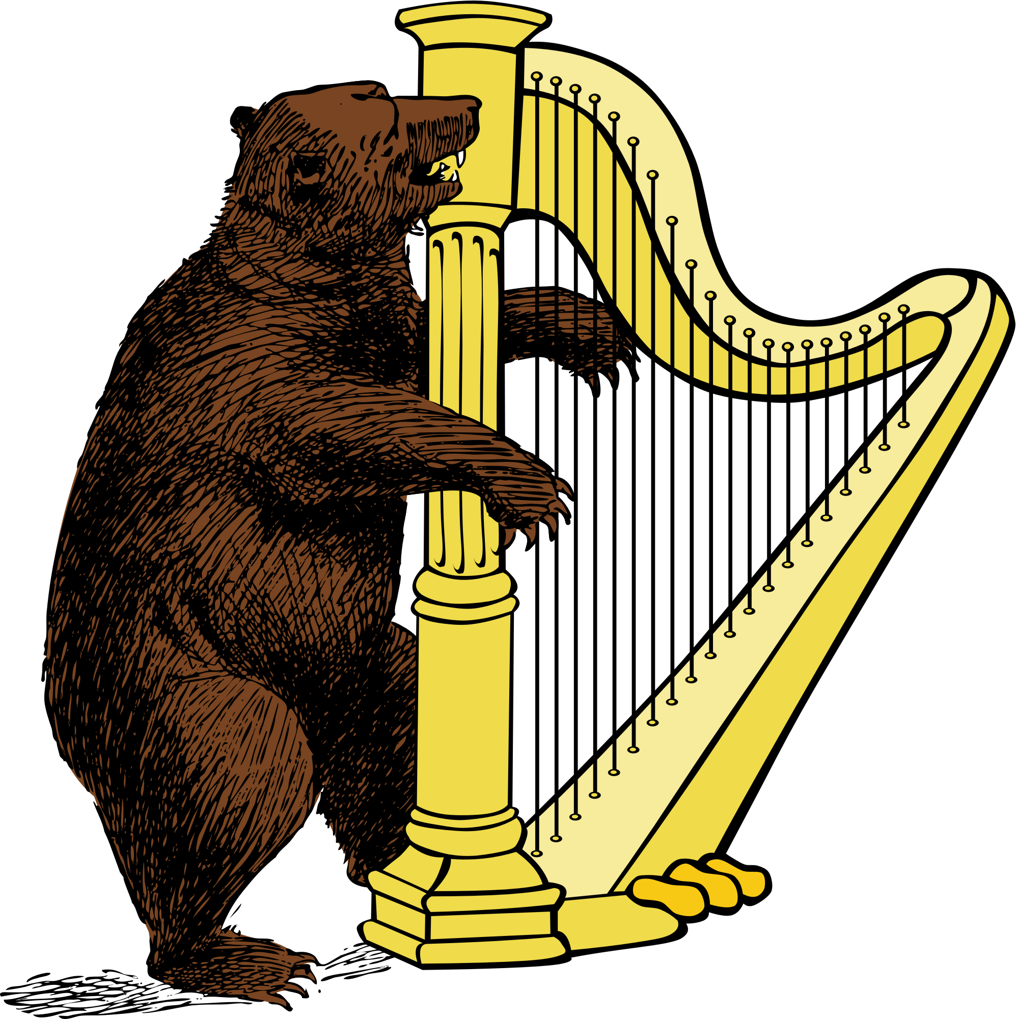 Bear And Harp By @lazur Urh, Bear Playing On A Harp - Harp Black And White (1995x2001)