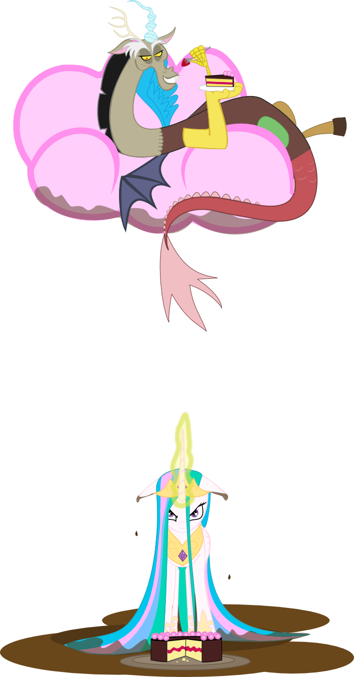 Senwyn1, Cake, Celestia Is Not Amused, Chocolate Rain, - Discord And Celestia Funny (708x1353)