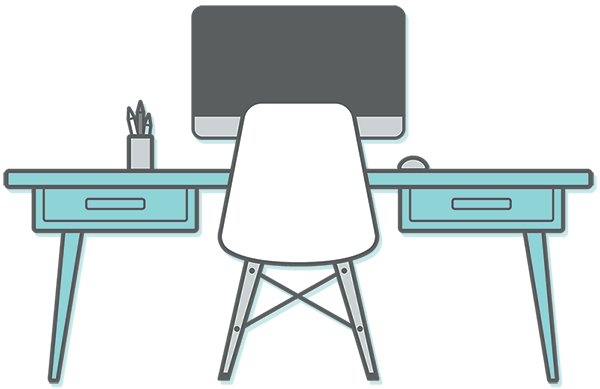 Desk With Computer And Pencils - Office Chair (600x389)