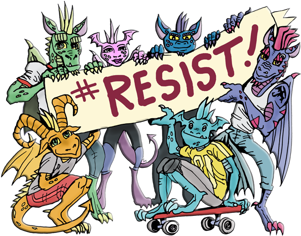Dragon Camp Crew Holding Sign That Says 'resist' - Cartoon (600x493)