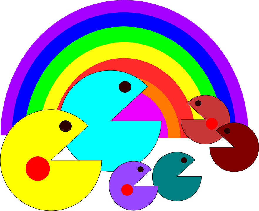Pac Video, Man, Character, Rainbow, Game, Colors, Pac - Pac Man Birthday Cake Clip Art (881x720)