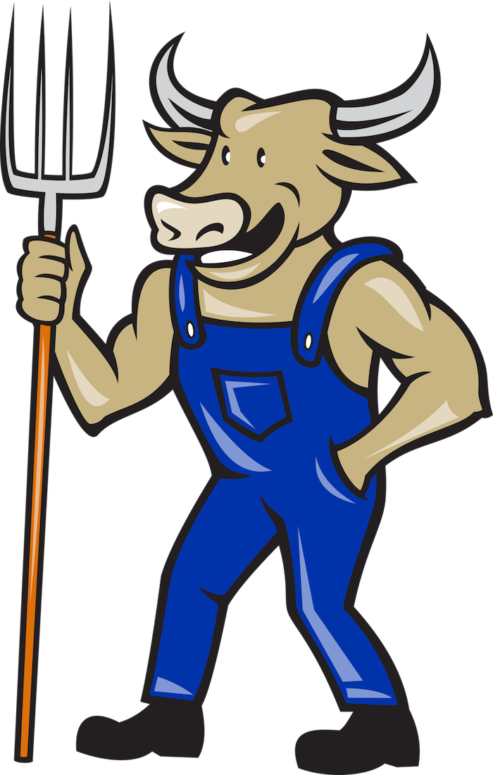 Image - Farmer Cow Holding Pitchfork Cartoon Card (700x1100)