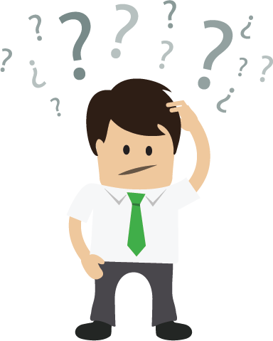 Confused Business Man With Question Marks Over Head - Cartoon (384x479)