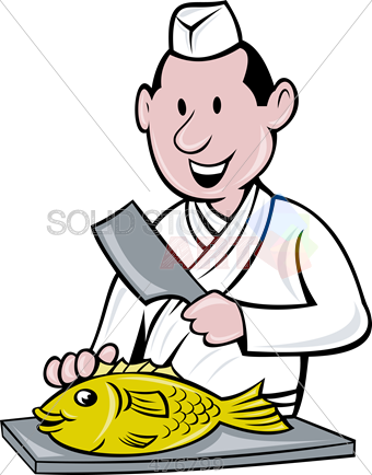 Stock Illustration Of Old Fashioned Cartoon Rendering - Japanese Chef Cook Meat Cleaver Circle Cartoon Card (340x434)