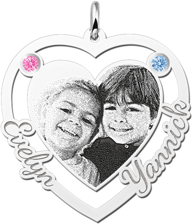 Photo Engraving Pendant With Heart And Two Birthstones - Silver (800x560)
