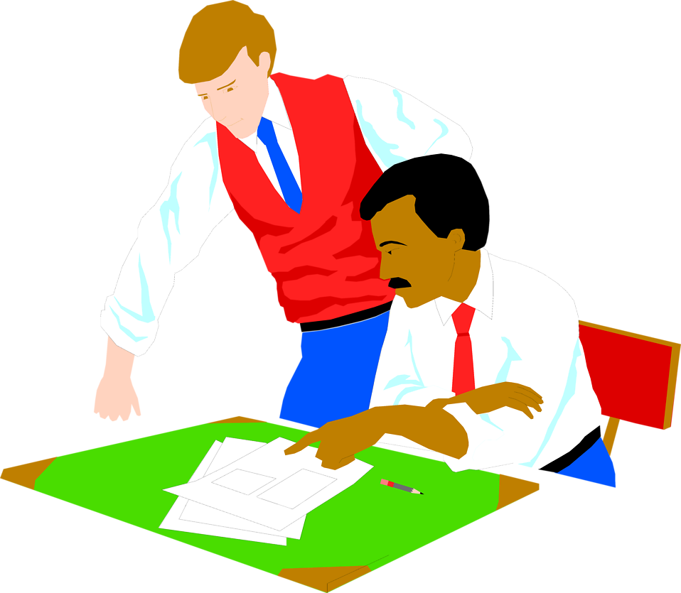 Illustration Of Two Men Looking At Papers On A Desk - Clip Art (958x835)