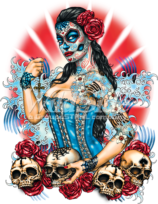 Day Of The Dead Pinup With Skulls And Roses - Day Of The Dead Mexican Sugar Skull Tattoo Biker Red (675x675)