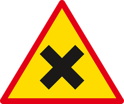 Sign, Road, Road Sign, Traffic - Yellow Triangle With X (406x340)
