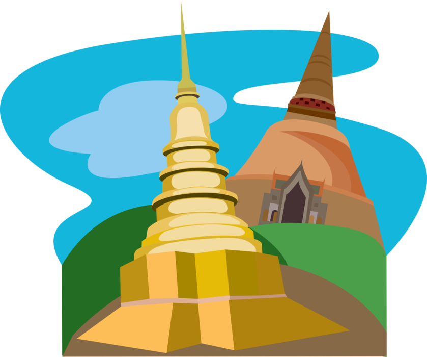 Vector Illustration Of Buddhist Phrathat Hariphunchai - Temple (839x700)