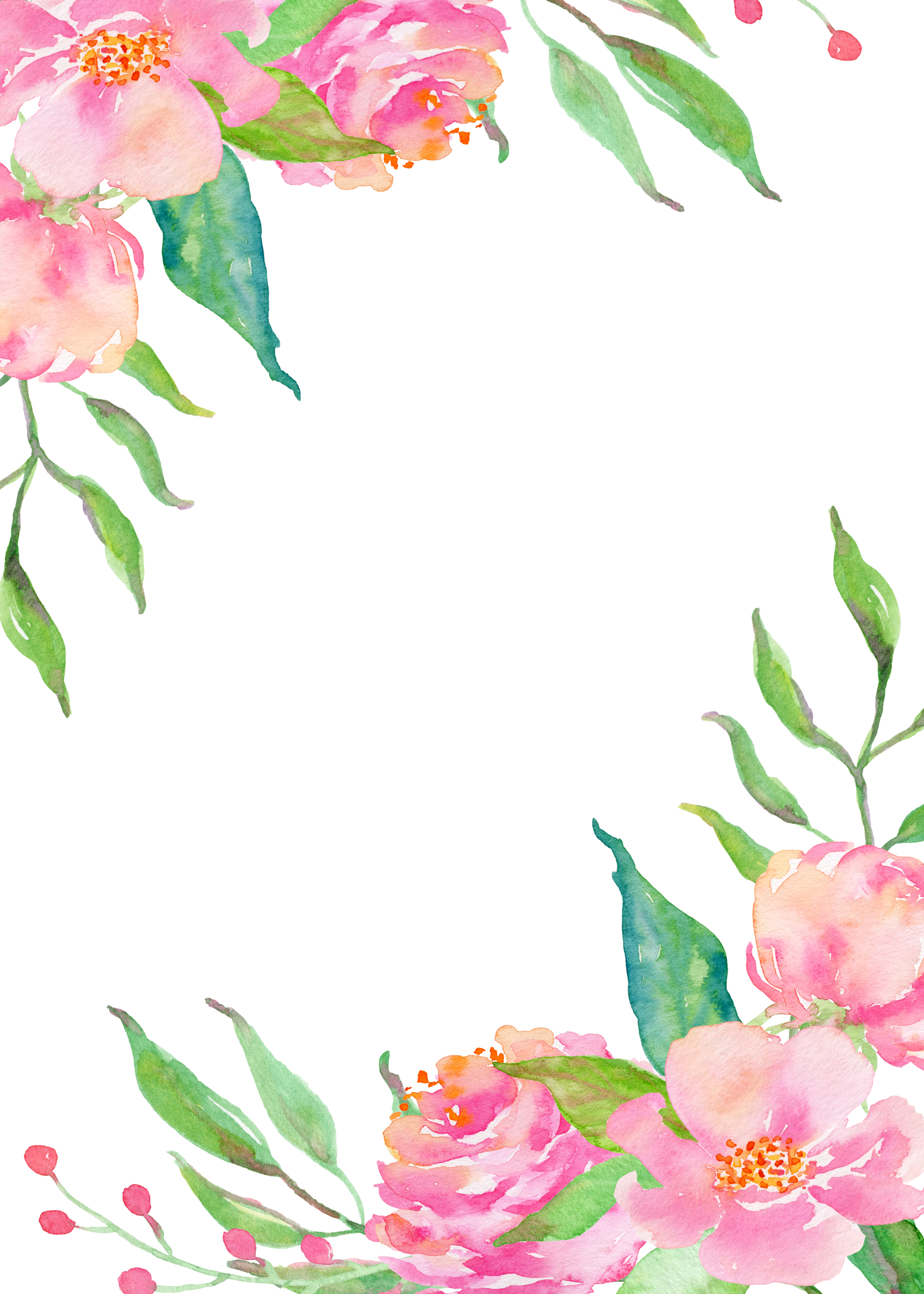 Pink Flower Borders - Watercolor Flower Border Png (1500x2100)