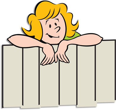 Hoof Happenings - Girl Peeking Over Fence Cartoon (400x385)