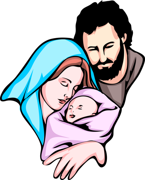 Vector Illustration Of Mary And Joseph Embrace Newborn - Mary And Joseph And Baby Jesus (564x700)