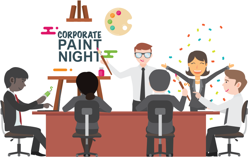 Fun Cartoon On A Creative Corporate Event To Spoil - Team Building Paint Night (850x584)