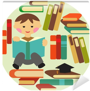 Vector Illustration Of School Boy Reading On Pile Of - Book (400x400)