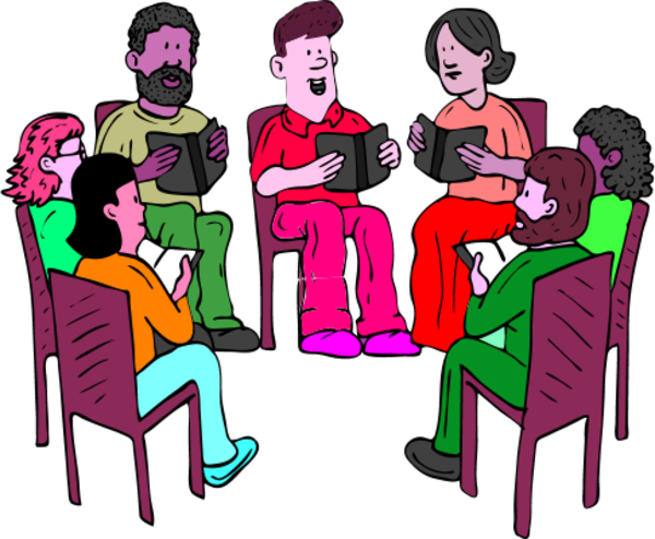 People Sitting On Chairs And Reading Books Vector Clip - Bible Study Group Clipart (600x494)