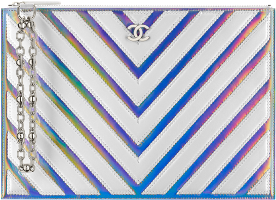 Chanel White/silver Chevron Lambskin/pvc Medium Pouch - Military Rank (564x720)