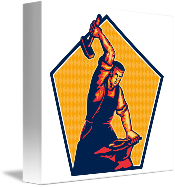 Blacksmith Worker Striking Sledgehammer Anvil Retr - Blacksmith (606x650)