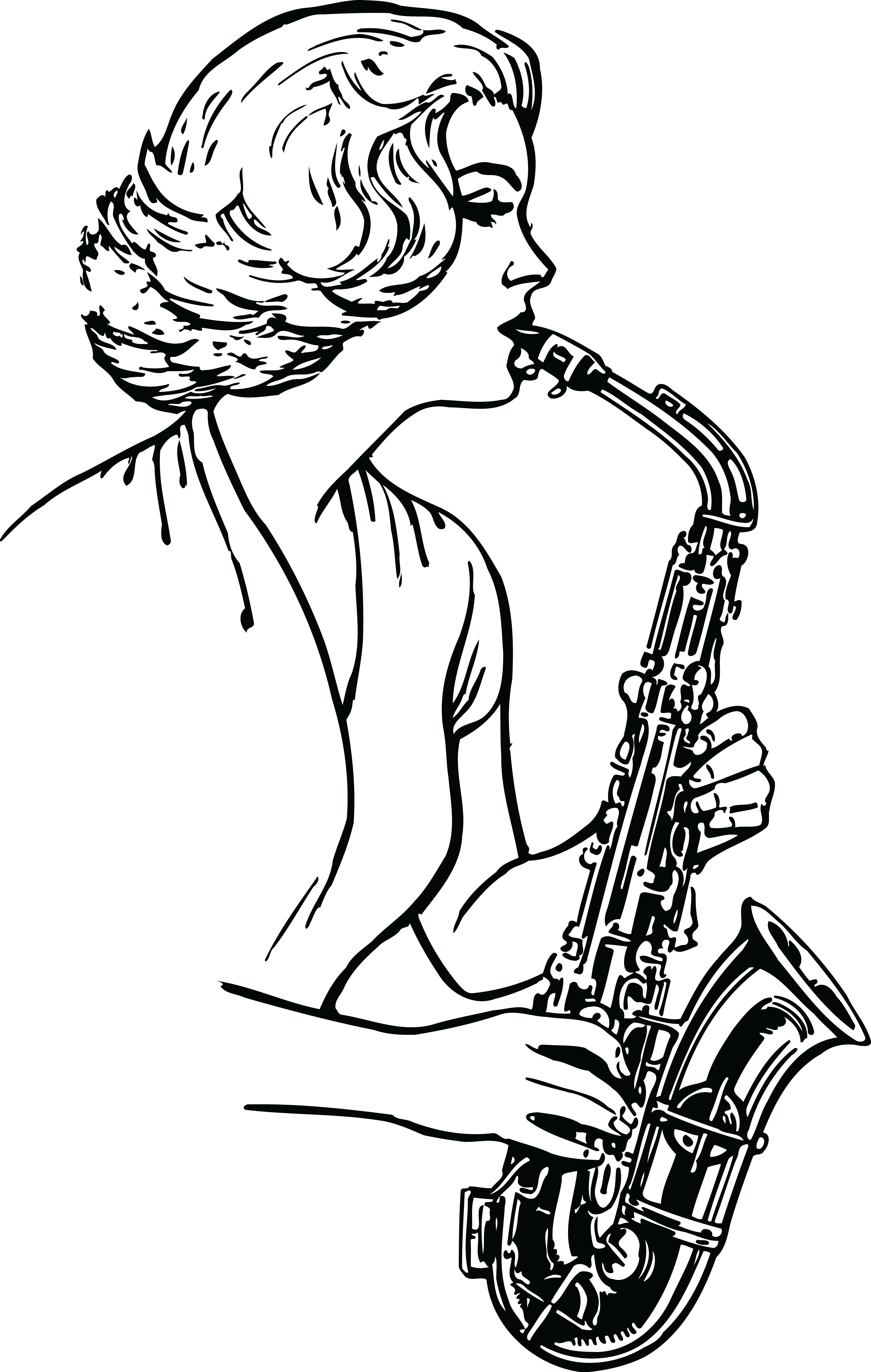 Free Clipart Of A Black And White Woman Playing A Saxophone - Playing A On A Saxophone (4000x6301)