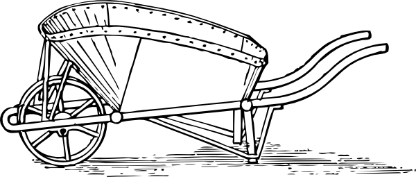 Free Vector Coal Barrow Clip Art - Black And White Wheel Barrow (600x255)