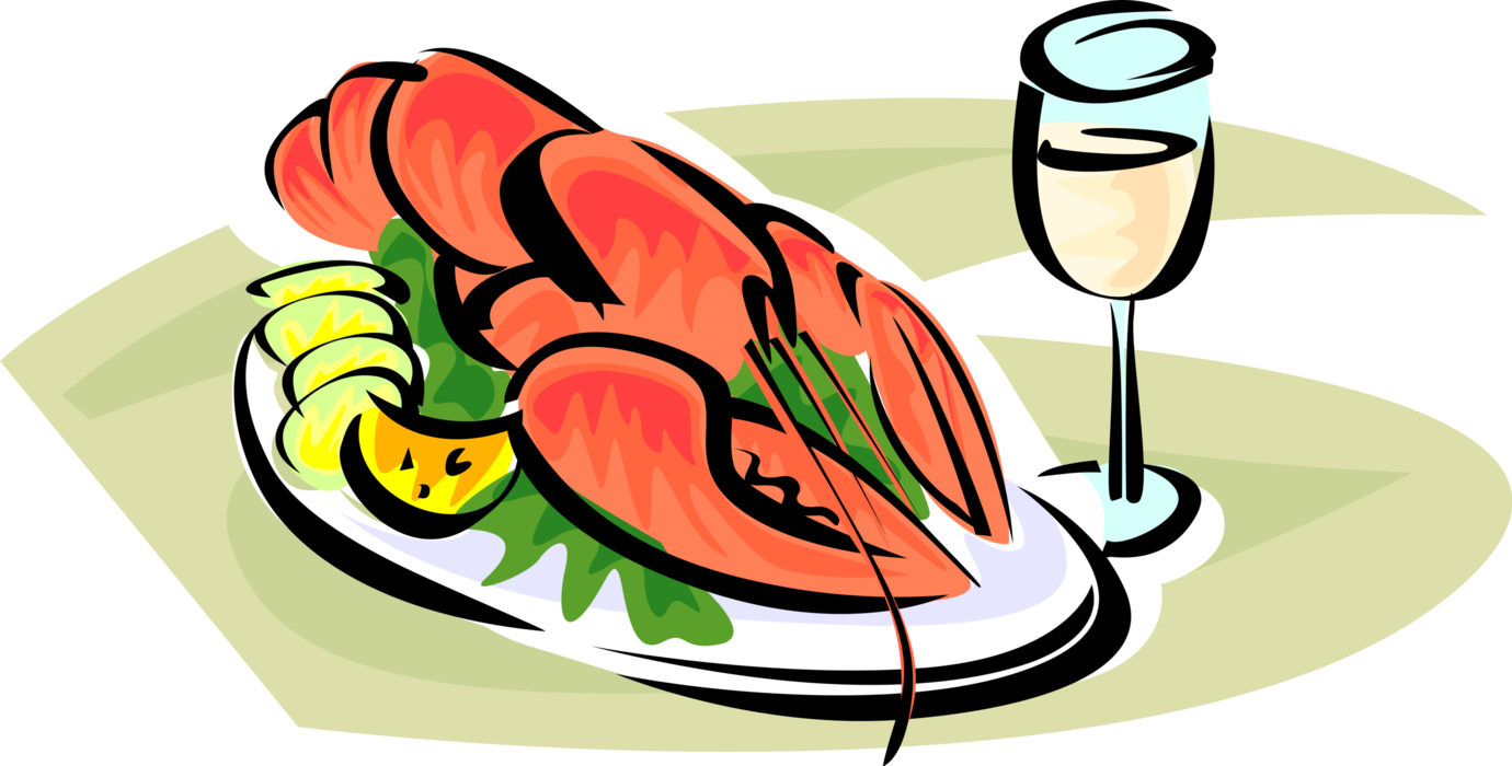 Vector Illustration Of Clawed Lobster Shellfish Meal - Lobster On A Plate Cartoon (1380x700)