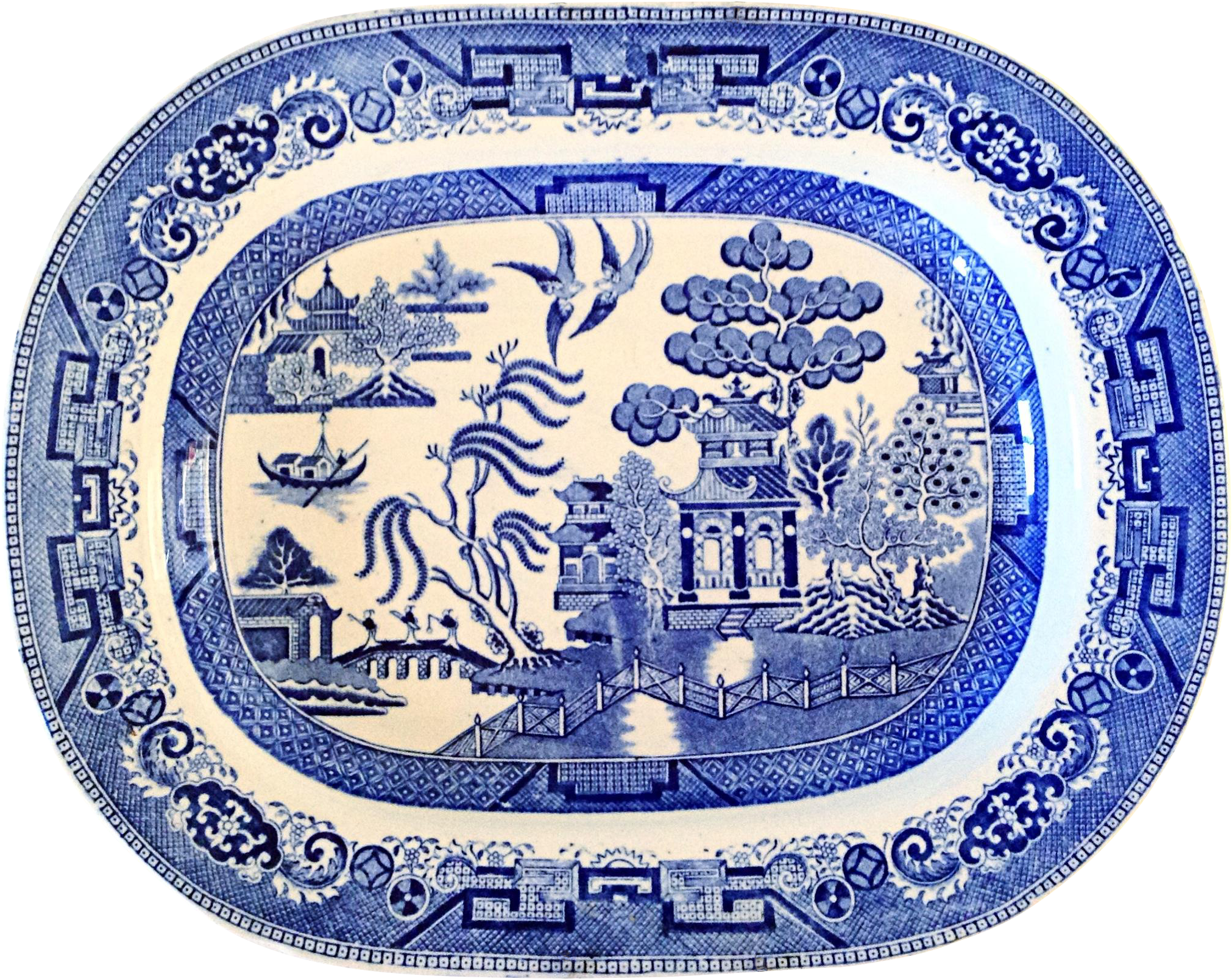 English Blue Willow Chinoiserie Serving Platter - Willow Pattern (2190x1730)