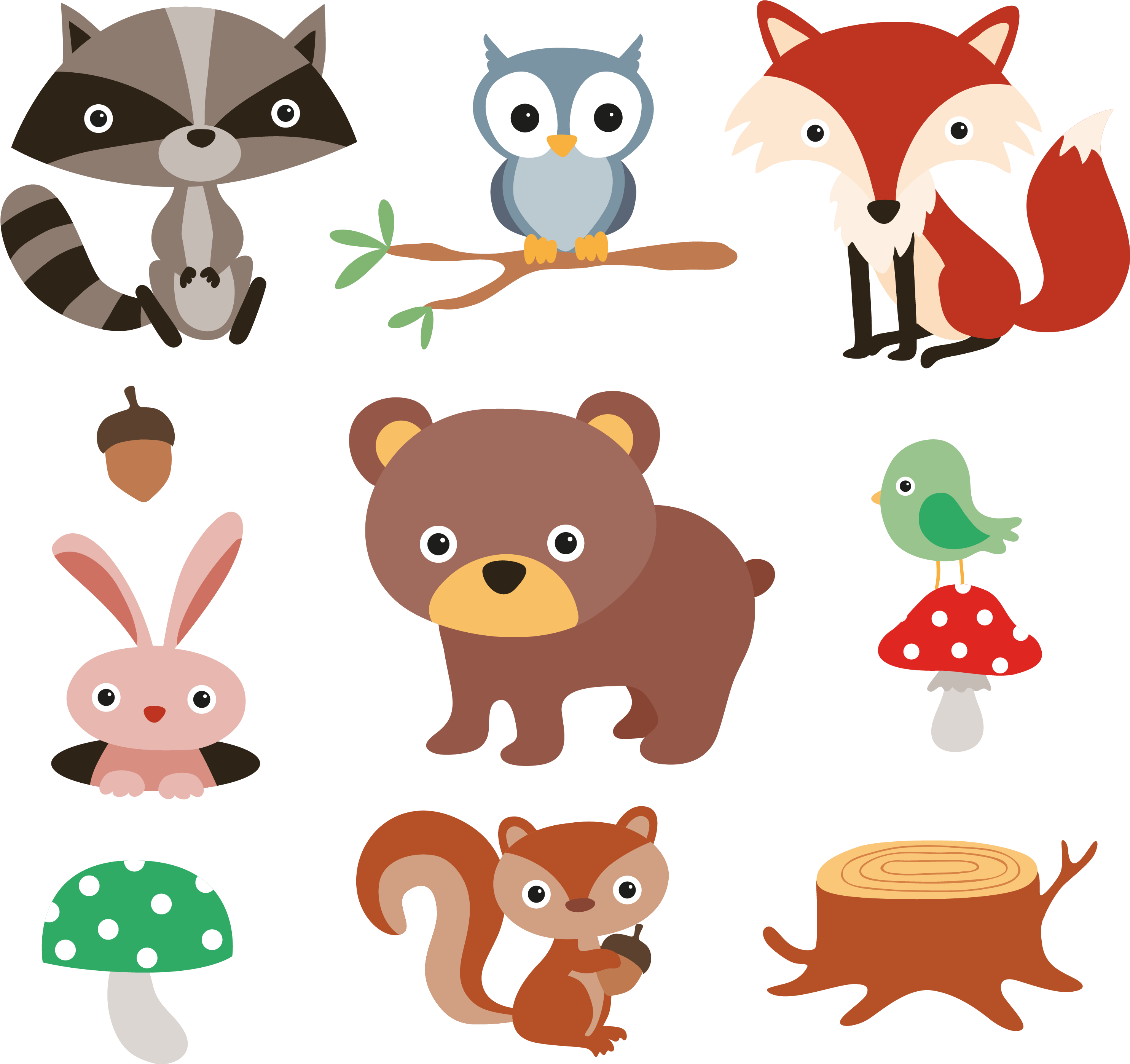 Squirrel Raccoon Cartoon Forest - Free Woodland Animal Owl Clipart (2993x2794)