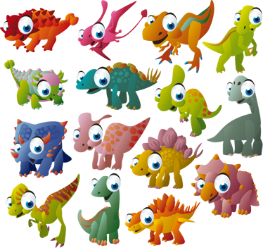 Colourful Dinosaurs With Volcano And Other Scenery (374x352)