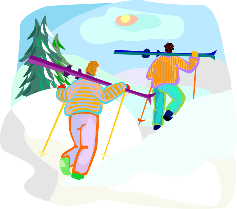 Vector Illustration Of Alpine Downhill Skiers Trek - Sledding (795x700)