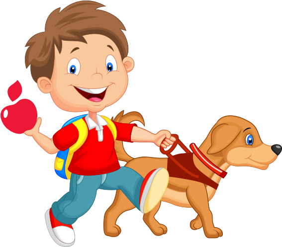 Cartoon Of Child Walking With Guide Dog - Kid Walking Dog Cartoon (598x507)