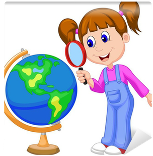 Cartoon Girl Using Magnifying Glass Looking At Globe - Looking At A Photo Album Clipart (400x400)