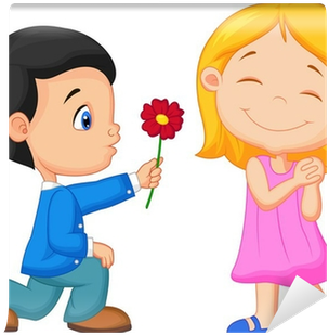 Little Boy Kneels On One Knee Giving Flowers To Girl - Boy Giving A Girl Flowers (400x400)