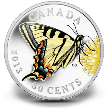 50-cent Silver Plated Coin - 2013 Silver Plated 50 Cent Coin - Canadian Tiger Swallowtail (388x371)