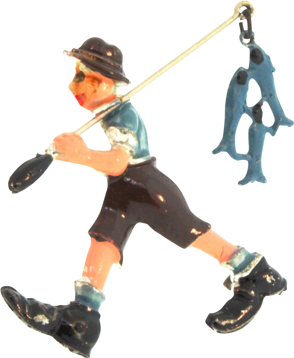 Vintage 1930s 1940s Enamel Figural Dangling Fish Fisherman - Baseball Player (1243x1243)