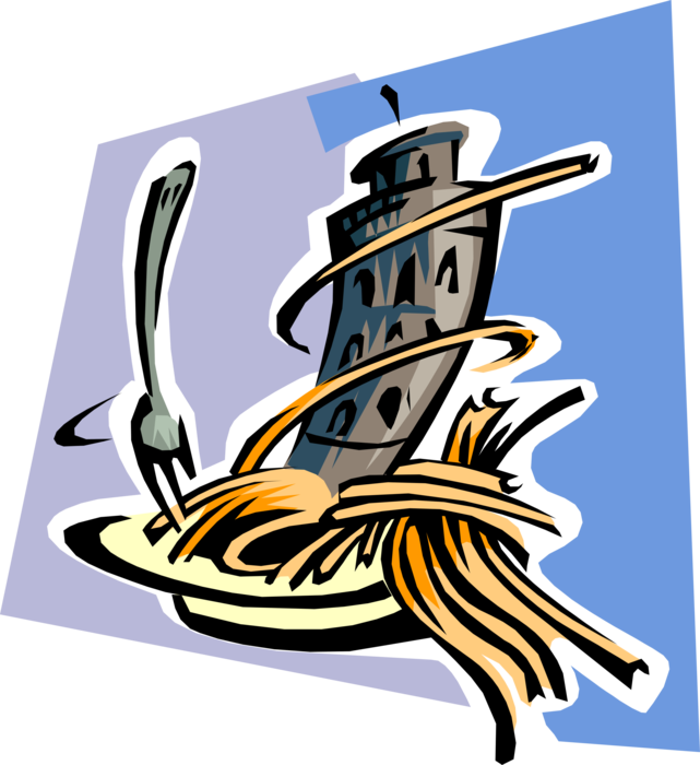Vector Illustration Of Italian Pasta Spaghetti Dinner - Leaning Tower Of Pisa Clipart (641x700)