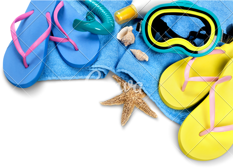 Flip-flops, Towel, Sun Cream, Diving Mask And Seashells - Starfish (800x563)