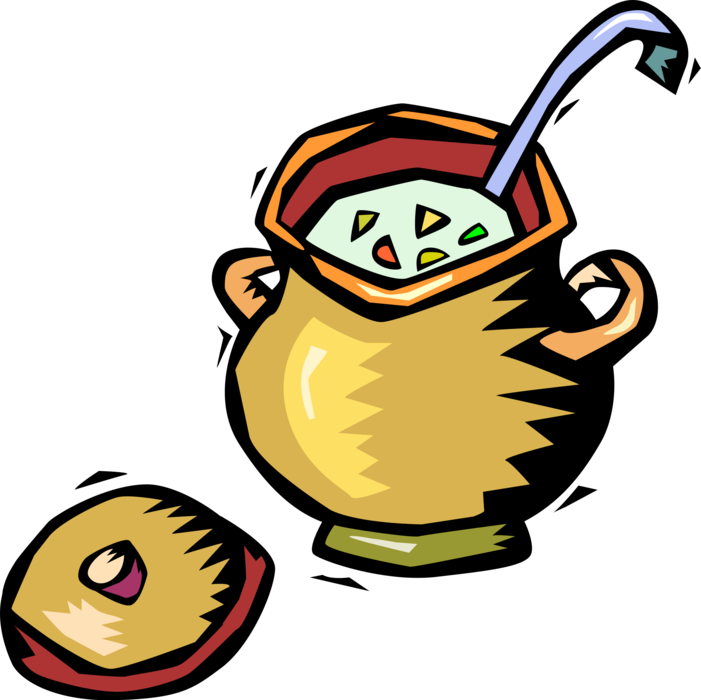 Vector Illustration Of Crock Pot Of Soup With Ladle - Slow Cooker (701x700)