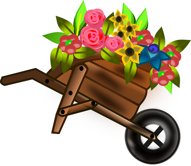 Free Flower Cart Clip Art - Wheelbarrow With Flowers Clipart (640x555)