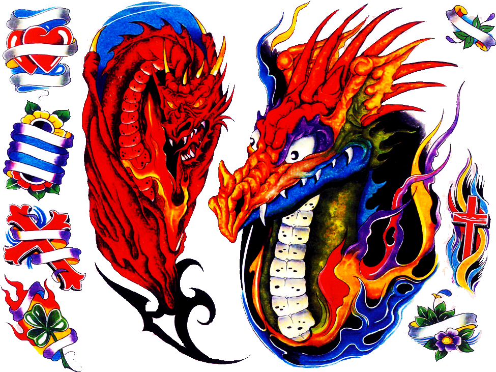 Sun And Stars,indian Faces,chinese Dragons,screaming - Gary Davis Tattoo Flash (1024x768)