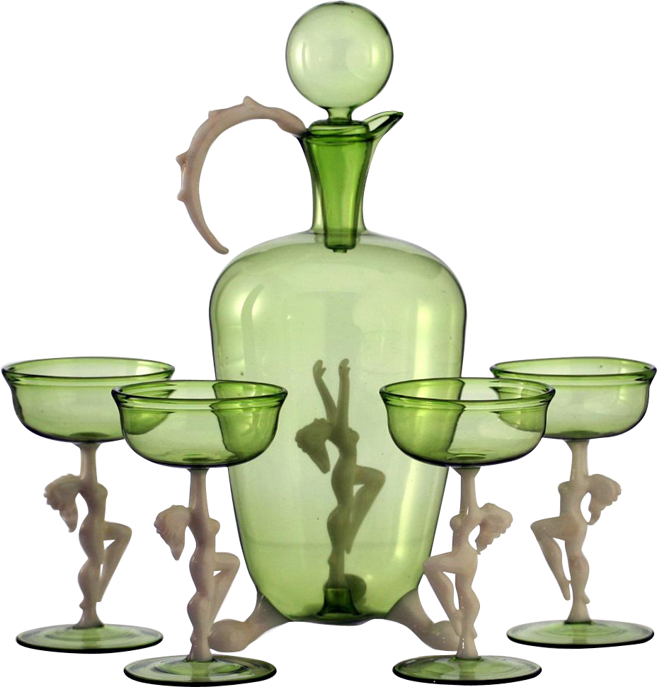 1940s-50 Bimini Nudes Sea Green Deco Decanter & Glasses - Decanter (970x970)