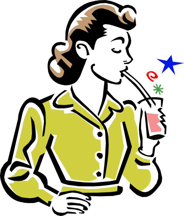 Vector Illustration Of 1950's Vintage Style Woman Drinking - Drinking A Soda (595x700)