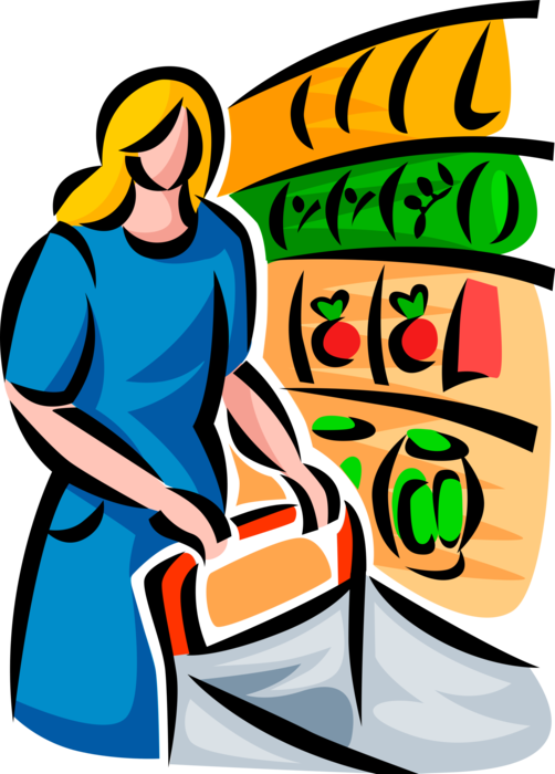 Vector Illustration Of Food Shopper With Shopping Cart - Grocery Store Clipart (502x700)